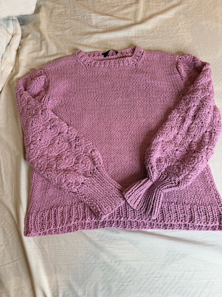 Cozy Pink Bubble-Sleeve Crewneck Sweater